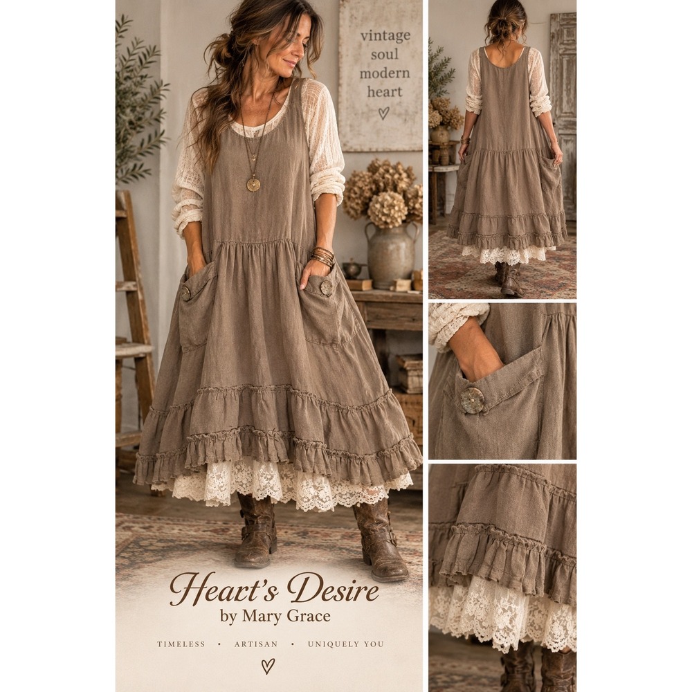 Heart's Desire by Mary Grace XL Linen Lagenlook Tiered Pinafore Dress Ruffle